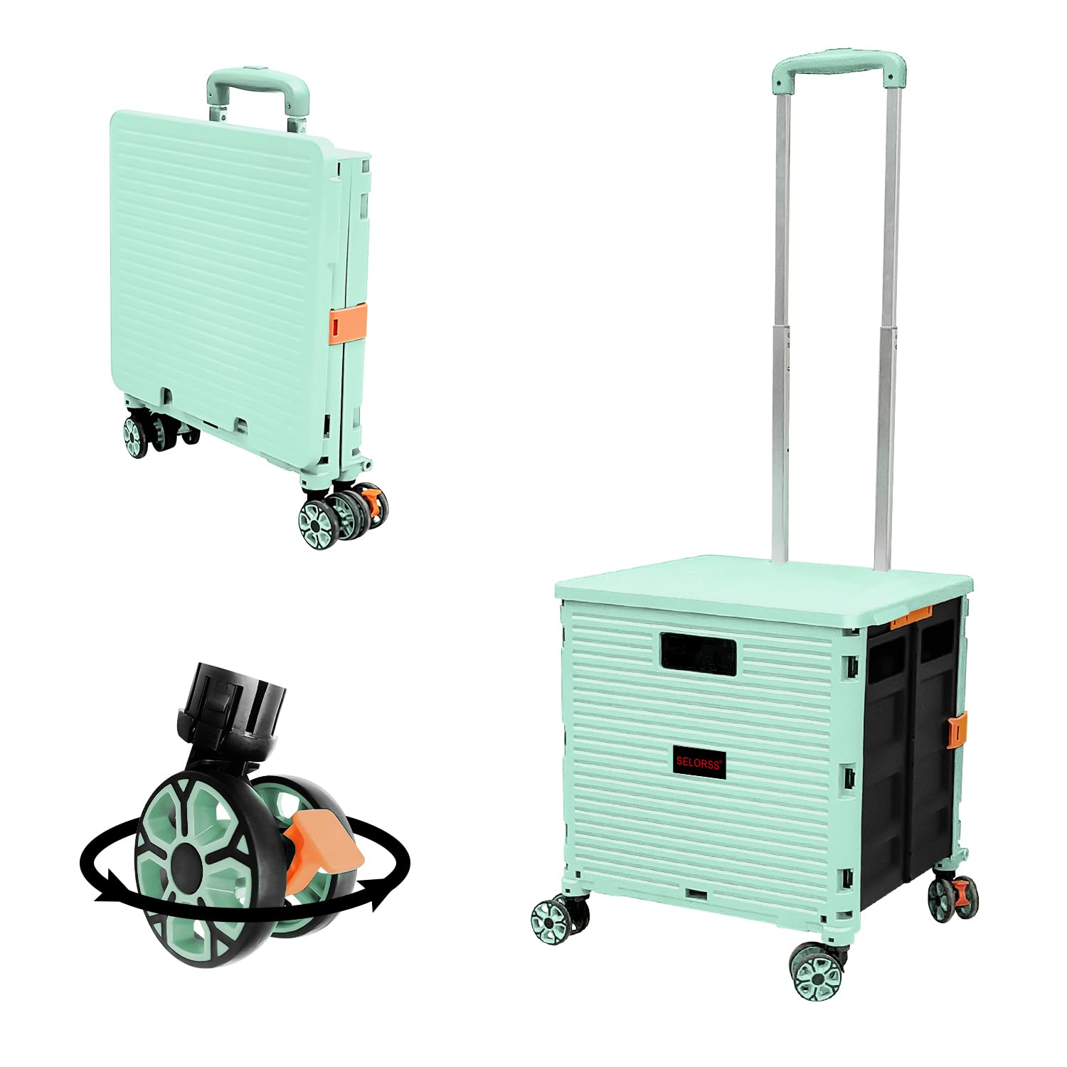 ZIYOU LANG 50L Folding Shopping Trolley Cart,60KG,4 Rotate and Detachable Wheels,Telescopic Aluminium Handles,Heavy Duty Foldable Storage Box for Shopping,Travel,Teacher,Camping(Green)