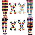 Barrlves 2/4 Sets Womens Striped Knee High Socks Long Knitted Arm Warmers Fingerless Gloves for Halloween Costume