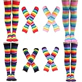 Barrlves 2/4 Sets Womens Striped Knee High Socks Long Knitted Arm Warmers Fingerless Gloves for Halloween Costume
