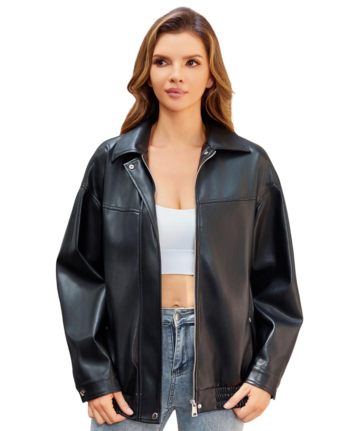 Photo 1 of DIASHINY Women Faux Leather Jacket Oversized Moto Biker Coat Plus Size Loose Motocycle Outwear Black XL