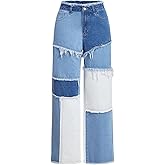 WDIRARA Women's Color Block Patchwork Jeans Raw Trim Zipper Fly Straight Leg Denim Pants