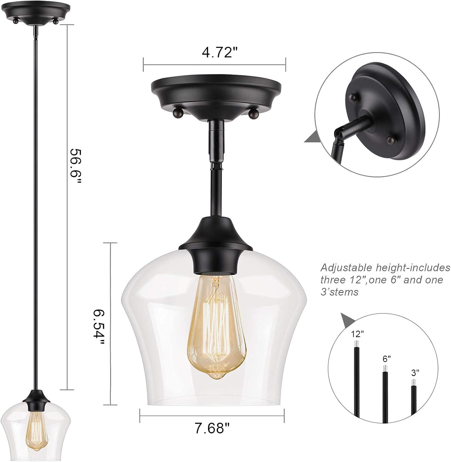 Pendant Light Fixture Industrial Vintage Metal Ceiling Pendant Light, Adjustable Hanging Light Fixtures for Kitchen Island, Dining Room, Farmhouse, Compatible with E26 Base, 60W(Bulbs Are Not Included) - - 