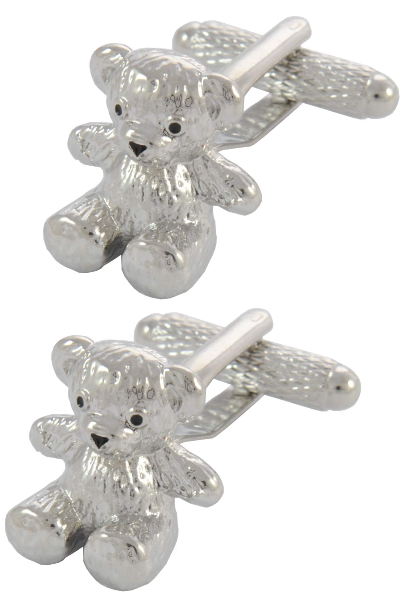 Cufflinks for Men + Presentation Box - Silver Colour - Teddy Bear - Solid Brass Metal - Animal Cuddly Toy Parent - One Pair