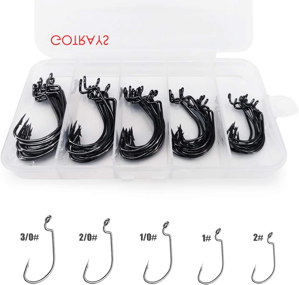GOTRAYS 50pcs Fishing Hooks High Carbon Steel with Plastic Box, Wide Gap Bait Jig, Fishing Hooks for Bass Trout Saltwater Freshwater, Size:#2#1 1/0 2/0 3/0 : Sports & Outdoors