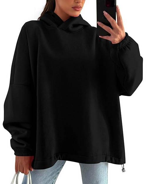 KIRUNDO Hoodies For Women 2025 Fall Fashion Hooded Oversized Sweatshirt Long Sleeve Fleece Pullover Trendy Winter Clothes(Black, Small)