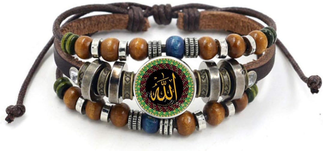 MAY HAPPY Vintage Islam Allah Beads Leather Bracelet Glass Cabochon Charm Snap Button Bracelets for Men Women Muslim Jewelry Accessories