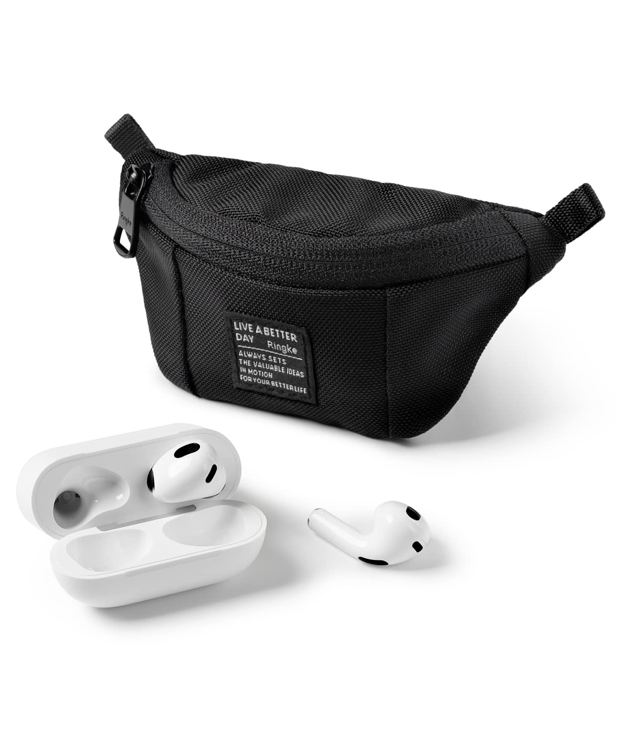 Ringke Mini Pouch [Sling Bag] with Carabiner, Nylon Carrying Pouch Small Bag for AirPods, Galaxy Buds, Earphones, Cards, ID - Black