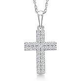 Gem Stone King Solid 10K White Gold White Lab Grown Diamond Cross Necklace | 0.175 Cttw | 12X10MM | Jesus Christian Religious Crucifix Jewelry Pendant Necklace for Women | With 18 Inch Chain