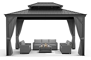 IDEALHOUSE 12 ft x 16 ft Hardtop Gazebo with Double Metal Roof, Net and Curtain - All-Weather Permanent Outdoor Shelter for P