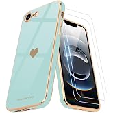 Teageo for iPhone 16e Case/for iPhone 17e Case for Girl Women, Pearl Aqua | with Screen Protector [2 Pack] Cute Girly Love-Heart Luxury Gold Soft Cover Camera Protection Silicone Shockproof Bumper