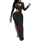 Elainone Women's Sexy Ruched Long Sleeve Bodycon Dress Cut Out Solid Color Basic Fitted Elegant Midi Dresses