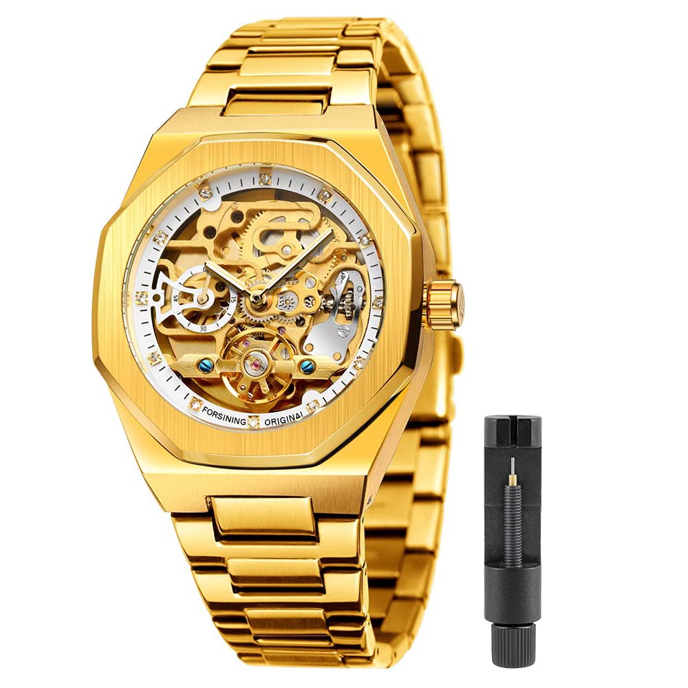 Tiong Mechanical Mens Watches Fashion Automatic Male Clock Blue Stainless Steel Waterproof Business Skeleton Watch…, FOR8202-gold white, Quartz Watch,Mechanical,Self-winding