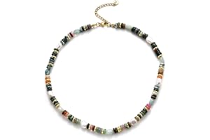 QITIAN Beaded Gemstone Necklace for Women, Colorful Boho Bead Choker Necklace Natural Stone Freshwater Pearl Surfer Beach Necklace 14K Gold Plated Summer Handmade Jewelry Gifts