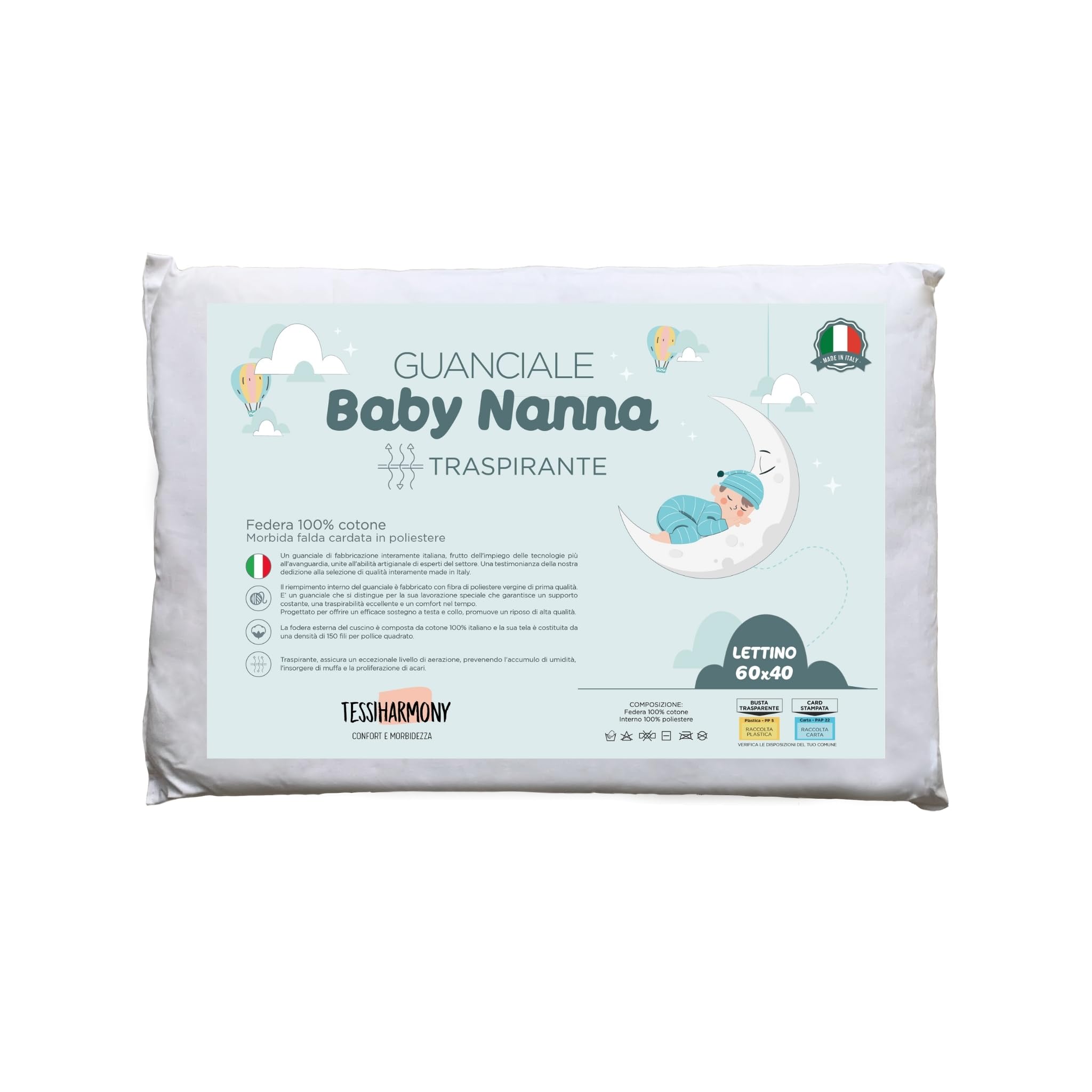 tessiharmony - Baby Cot Cushion 60 x 40 cm 100% Cotton Pillow Cot Bed Anti-Dust Mite Hypoallergenic Breathable Soft 1 2 3 4 Years High 4 cm Made in Italy