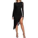 KUTUMAI Long Sleeve Floral Midi Dress Ruffle Slit Ruched Bodycon Fall Cocktail Wedding Guest Dresses for Women