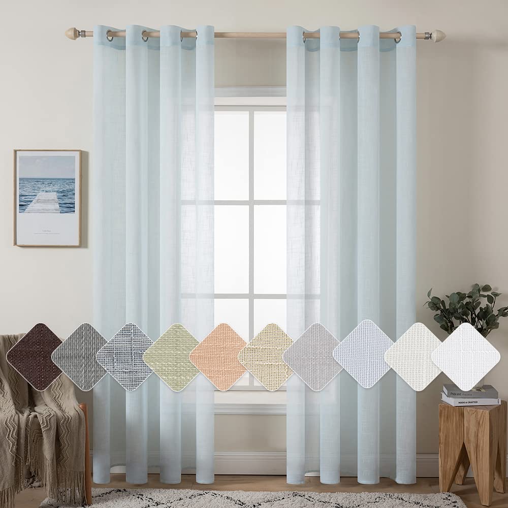 MIULEE 2 Panels Voile Curtains Sheer Cross Linen-like Solid Color Contemporary Decorative Ring Top Eyelet Panels for Bedroom Livingroom Nursery Room Light Blue 55" Wx88 L