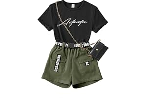 OYOANGLE Girl's 2 Piece Outfits Letter Graphic Round Neck Tee Shirt and Buckle Belted Shorts Set