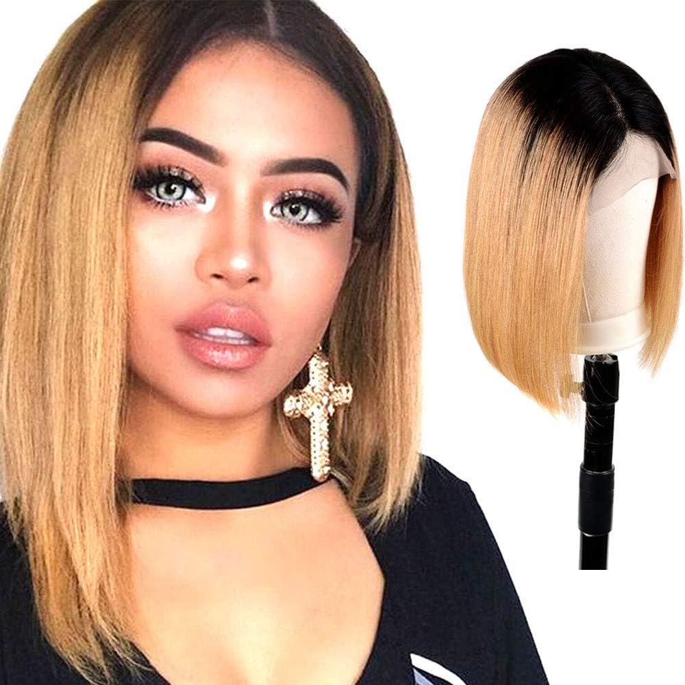 Usexy Short Lace Front Human Hair Wigs Ombre Brown Color Two Tone #1B/27 Straight Bob Wigs For Women Brazilian Virgin Hair Lace Wig Middle Part 130% Density 8 Inch