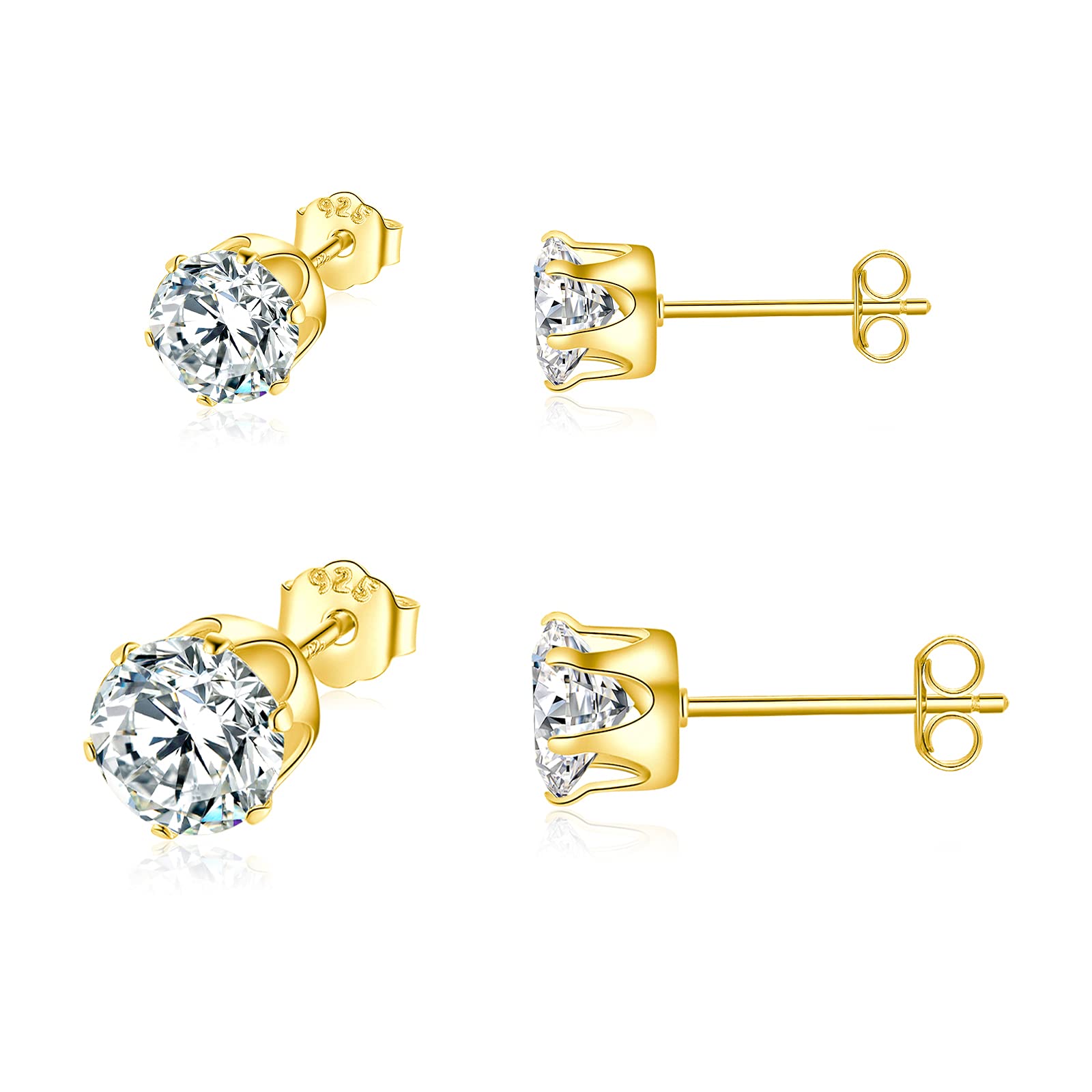 Shuxin Silver Stud Earrings for Women, 925 Sterling Silver Gold Cubic Zirconia Stud Earrings Set, Tiny Small Sleeper Cartilage Studs, Sterling Silver Stud Earrings for Women Men Girls Boys, 4mm + 6mm