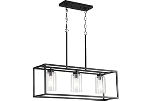 XISLTHOTSL Black 3-Light Dining Room Light Fixture, Modern Farmhouse Chandeliers, Linear Rectangular Kitchen Island Lighting, Industrial Vintage Pendant Lighting with Clear Glass Shade Height Adjustable