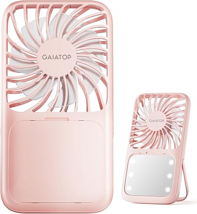gaiatop Portable Handheld Fan with Light 3 Speeds Folding Stand Pink
