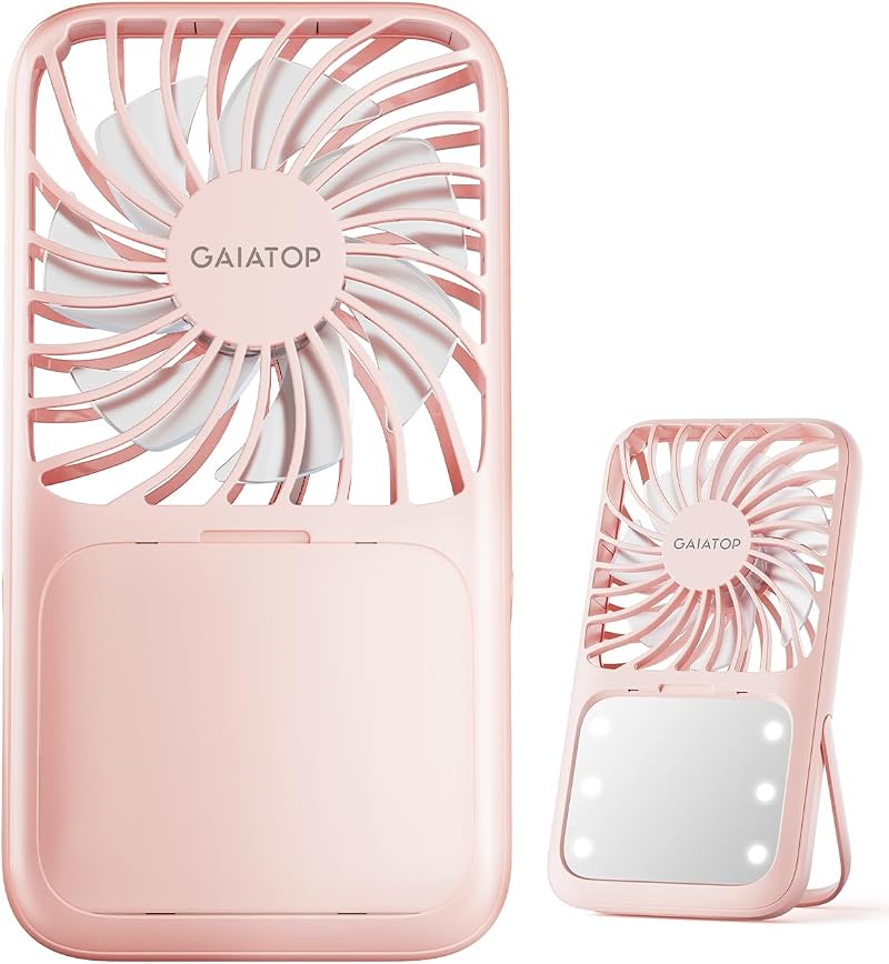 gaiatop Portable Handheld Fan with Light 3 Speeds Folding Stand Pink