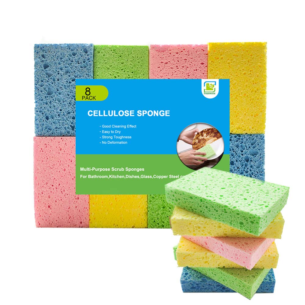 Foamworld 8 pack Kitchen Sponges, Cellulose Sponges Dish Sponge, Household Cleaning Sponge, Non-Scratch Scrub Sponge, Washing up Sponge, Assorted Colors