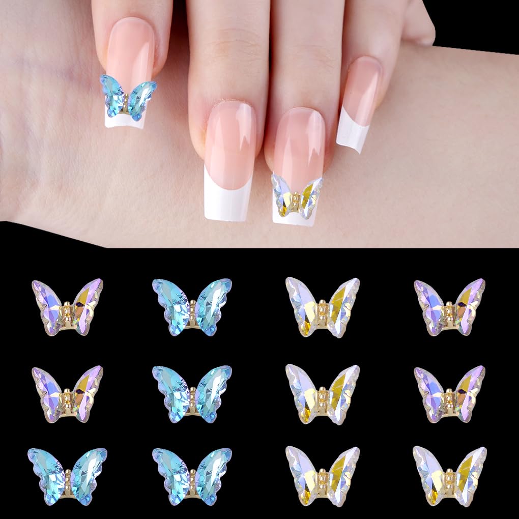 FineInno 3D Acrylic Butterfly Nails Charms,12Pcs Colorful Butterfly Nail Glitter Gems Butterfly Nail Art Decoration Supplies DIY Manicure Jewelry Accessories Crafts (Colorful)