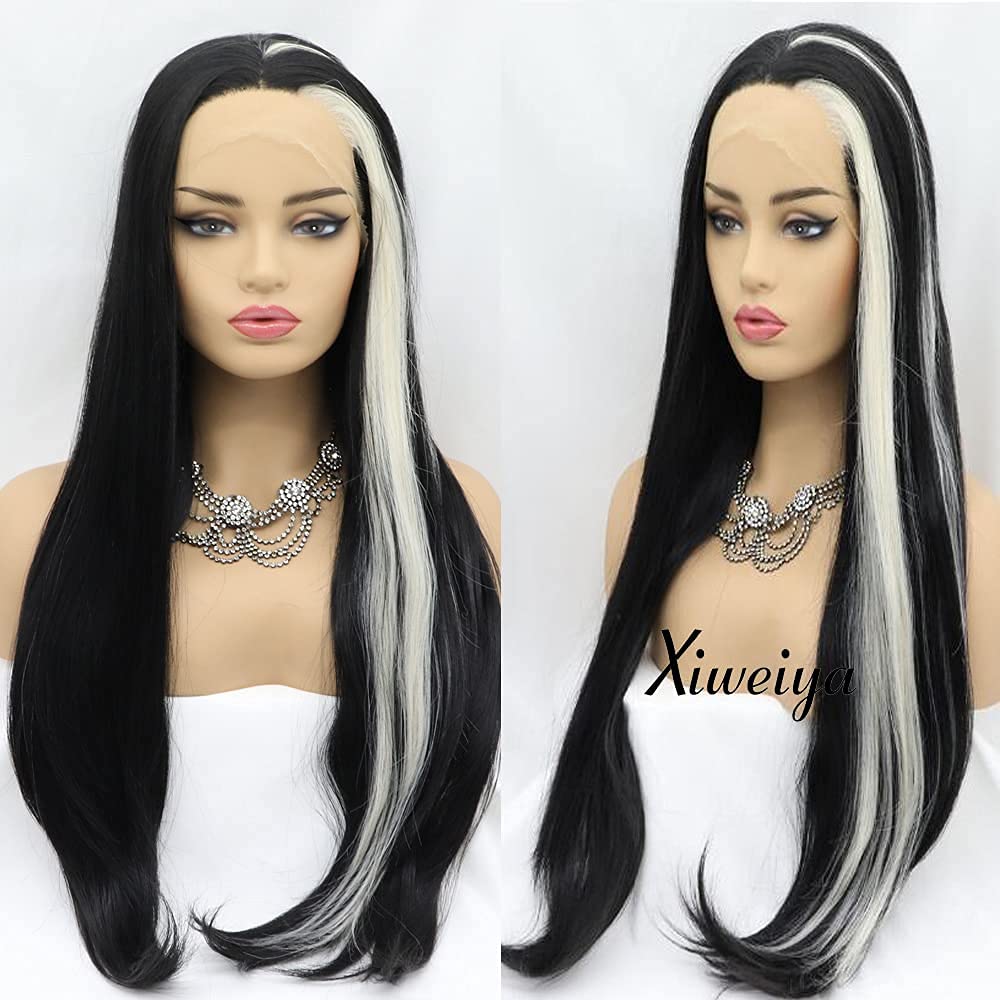 Xiweiya Long Mixed White Highlight Lace Frontal Wig Mermaid Black Color Long Soft Straight Hair Middle Part Heat Resistant Fiber Hair Replacement 1Lace Wig for Women Drag Queen Party 24 Inch
