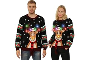DUOLZ Ugly Christmas Sweaters for Women 2023 Men,Light Up Christmas Sweater,Funny Reindeer Unisex Red Xmas Ugly Sweater for Couples