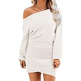 Wenrine Women's Off The Shoulder Sweater Dress 2025 Fall Winter Casual Long Sleeve Knit Slim Fit Pullover Mini Dresses White