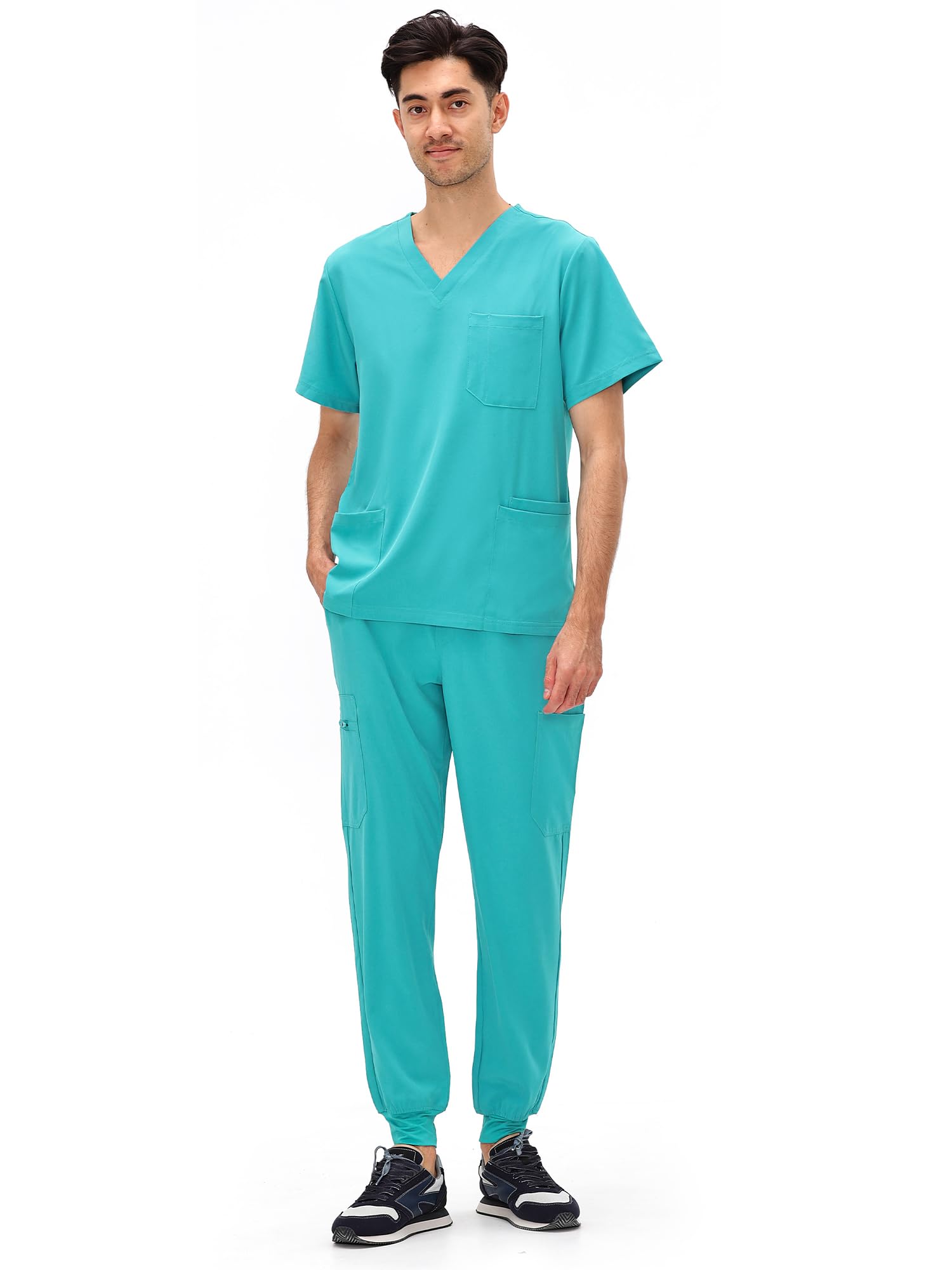 COZYFIT Scrubs for Men - 4 Pockets V-Neck Scrub Top and 7 Pockets Jogger Pants Mens Scrubs Set, Teal, 5XL, Petite Image