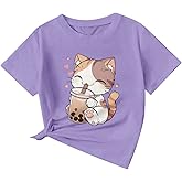 KEEVICI Cute Cat Shirts for Girls Graphic Tees Bubble Tea Tshirt Kids Kawaii Cartoon Animal Print T Shirt Summer Cotton Tops
