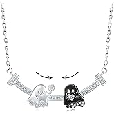 Lyfange Ghost Necklace for Women Cute Halloween Ghost Pendant Necklace Silver Black Crystal Ghosts Necklace Unique Star Heart Swing Necklace Trendy Halloween Jewelry Accessories