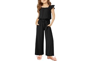 Haloumoning Girls Jumpsuits Kids Fashion Ruffle Sleeves Square Neck Rompers Drawstring Overalls with Pockets