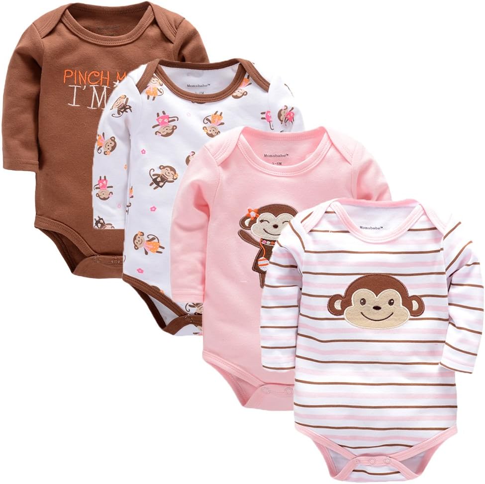 Momsbabe Baby Bodysuit Long Sleeve Romper Jumpsuits 4 Pack 0-9 Months Onesies Girls Boys
