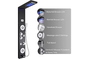 ELLO&ALLO Stainless Steel Shower Panel Tower System,LED Shower Head 6-Function Faucet Rain Massage System with Body Jets, Black