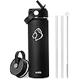 BUZIO 22oz Insulated Water Bottle with Straw Lid and Flex Cap, Wide Mouth Vacuum Insulated Stainless Steel Double Wall Water Flask,Cold for 48 Hrs Hot for 24 Hrs Simple Thermo Canteen Mug, Black