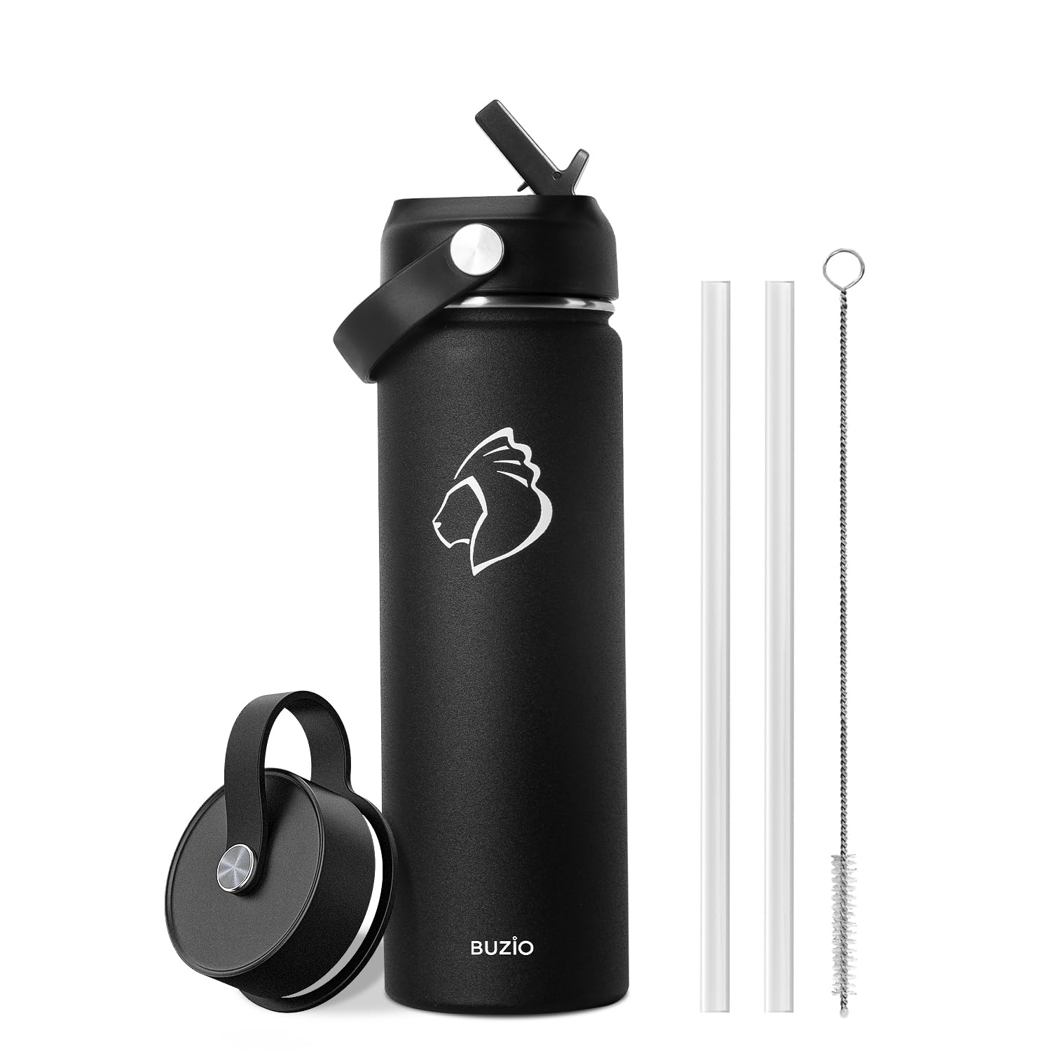 Insulated Water Bottle, BUZIO Stainless Steel Water Bottle with Straw 650 ml Double Walled Wide Mouth Sports Drink Flask with BPA Free Straw Lid and Flex Cap Cold for 48 Hrs, Black — image 1