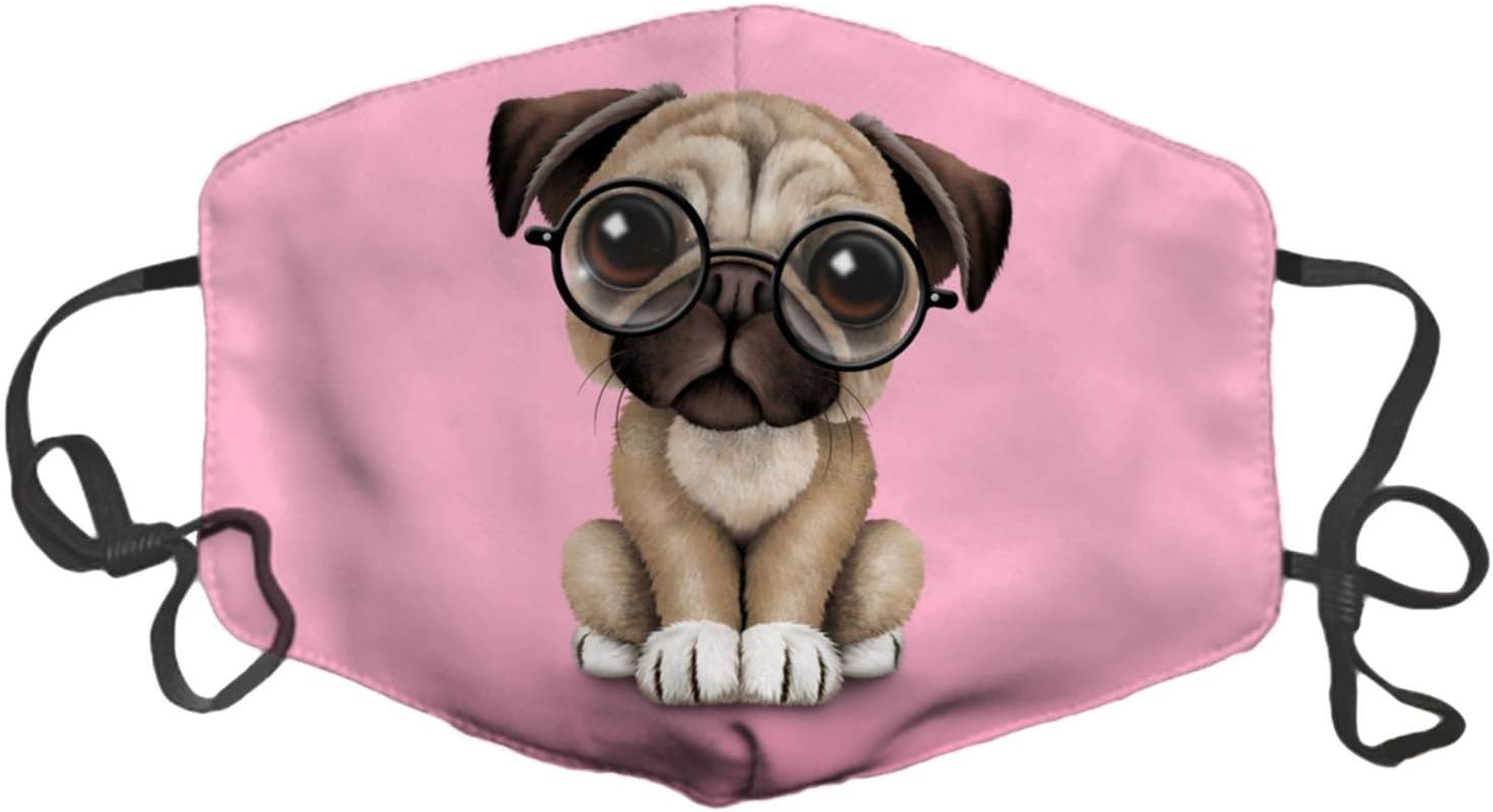 LuxSweet Cute Pug Puppy Dog Wearing Reading Glasses Pink Face Decorative Fashion Design Washable Reusable Unisex Soft and Comfortable for Men and Women