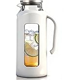 Delove Glass Pitcher with Lid & Shatterproof Shell – Heat-Resistant Borosilicate Glass Jug, 2 L/68 oz with Handle & Spout – Perfect for Iced Tea, Juice, Hot & Cold Water (White)