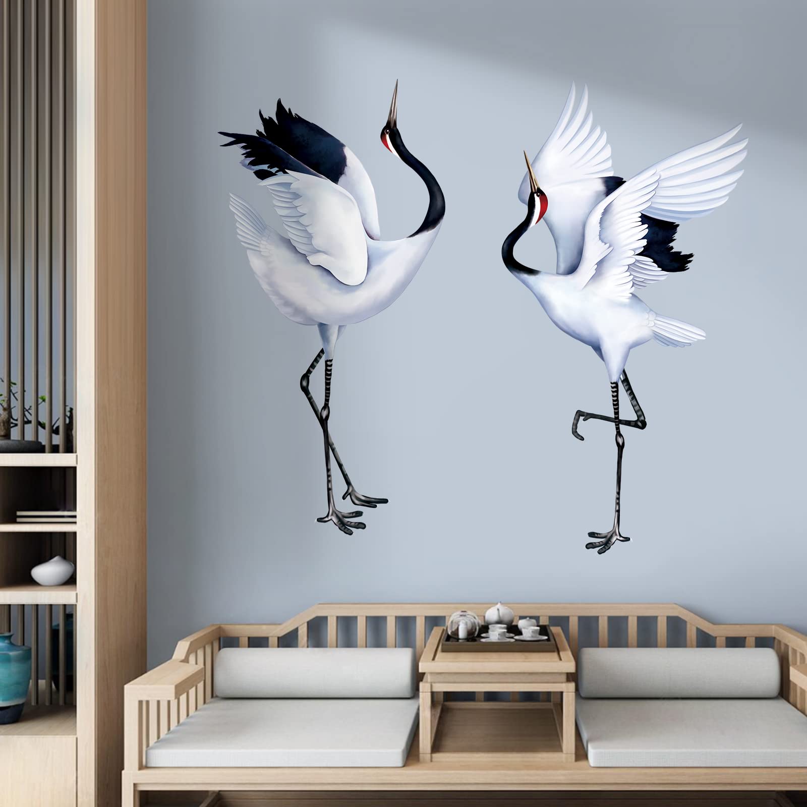 decalmile White Crane Wall Stickers Flying Crane Birds Wall Decals Bedroom Living Room Sofa TV Background Wall Decor