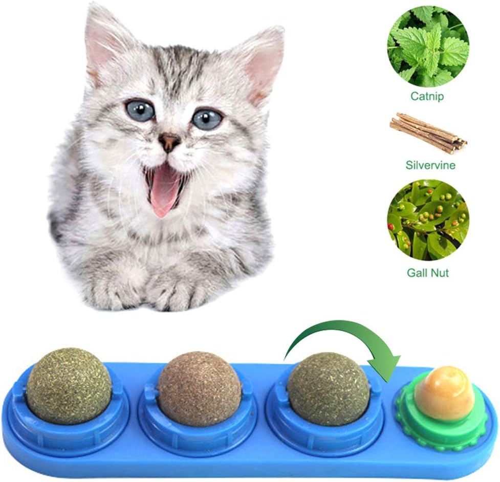 EZSMART Rotatable Catnip Ball & Cat Snack Set, Detachable Lickable Cat Treats Stick-on Wall Toy, Cat Treats Sugar, Kitten Nutrition Treat Ball & Matatabi Ball & Gall Nut & Cat Mint Ball (Blue)