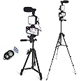 Smartphone Video Kit, Vlogging Kit, Youtuber Kit, with Microphone Light Tripod 50" Extendable Phone Clip Remote Control Compatible with iPhone/Smartphone/Cameras
