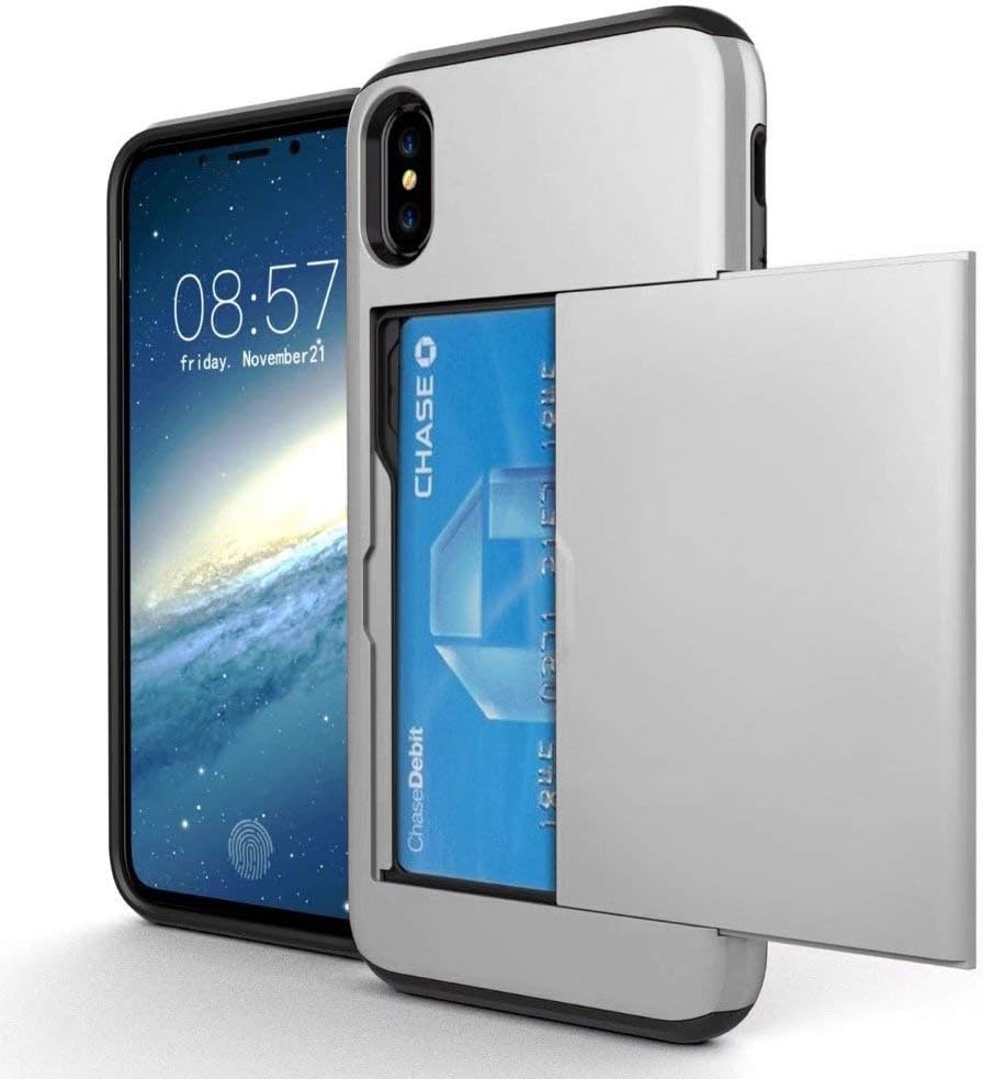 OMD iPhone X Case, iPhone Xs Case, [Double Card Holder Slot] ShockProof Wallet Protective Phone Cover with Tough Heavy Duty Silicone Card Case for iPhone X [2017] / iPhone Xs [2018] - Silver