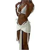 GORGLITTER Women's 3 Piece Swimsuits Sexy Triangle Halter String High Cut Bathing Suit with Cover Up Skirt Swimwear