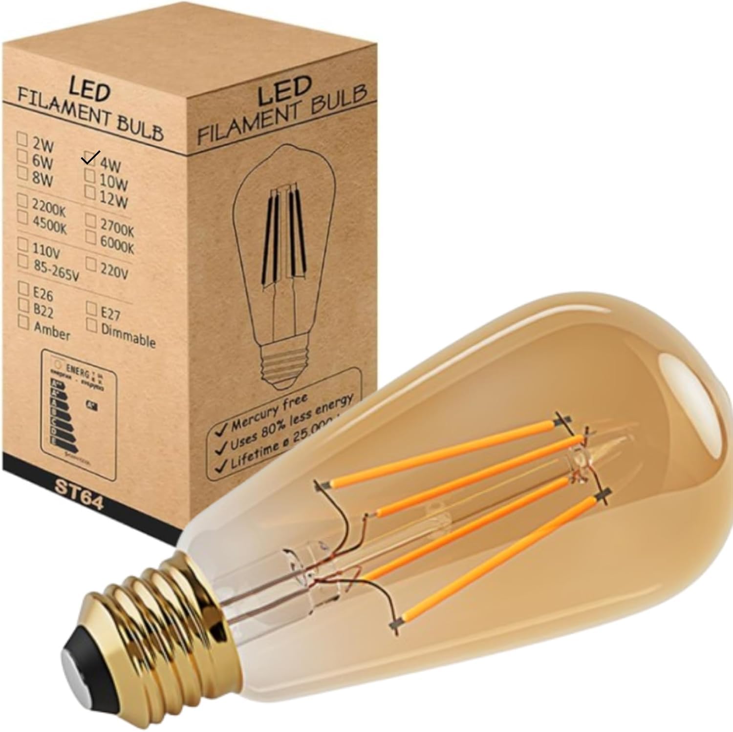 LEDSone Vintage Style E27 Screw ST64 LED Dimmable Bulbs, 4W Edison Light Bulb, 2700K Warm White, Amber Energy Saving Filament Decorative Bulbs — image 1