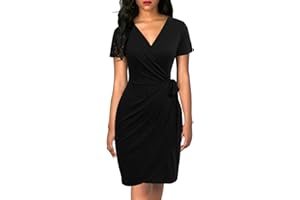 Lyrur Women's Classic V-Neck Casual Party Knee Length Sheath Work Short Sleeve Faux Black Wrap Dress