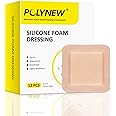 Polynew Silicone Foam Dressing with Border, 4"x4"-12Pcs/Box Adhesive Waterproof High Absorbency Bed Sore Wound Dressing Bandage, Breathable Foam Dressing for Wound Care