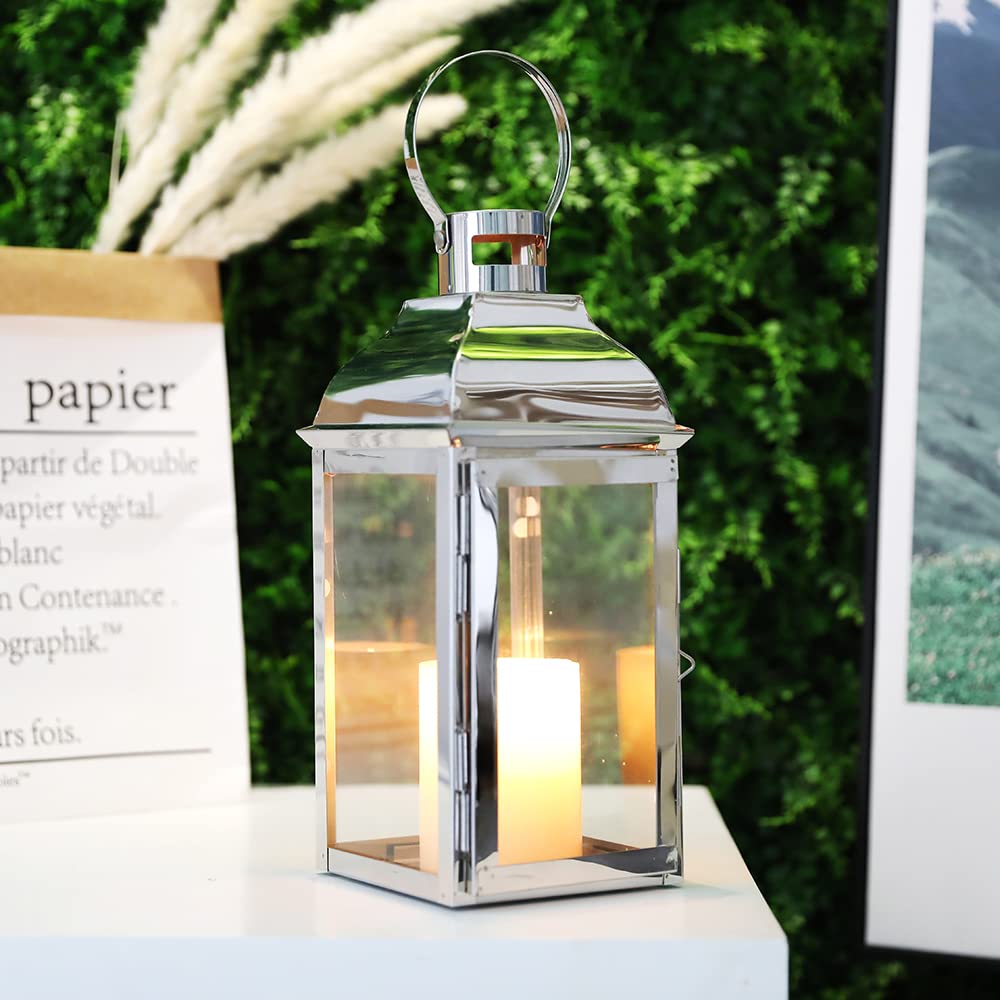 JHY DESIGN Stainless Steel Lanterns, 32cm High Candle Holders with Tempered Glass Candlesticks for Garden Indoor Outdoor Parties Weddings Vintage Hanging (Silver)